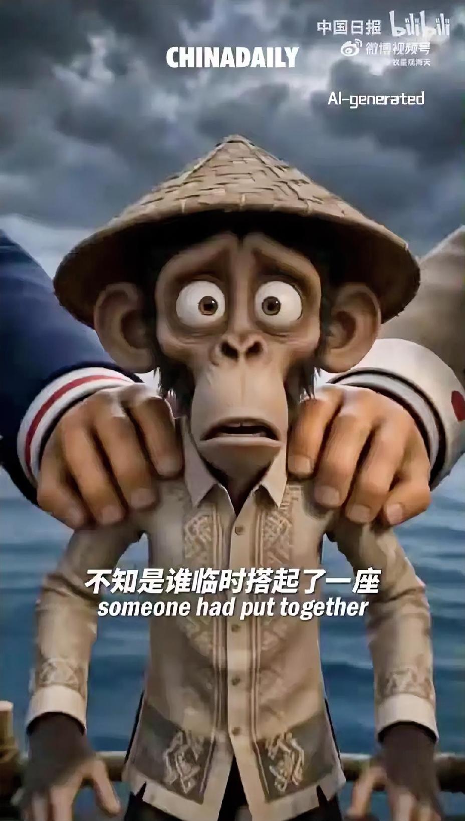 其实，挺好奇——中国日报在海外社交平台发布的这段，“主角”是一只头戴斗笠的猴子的