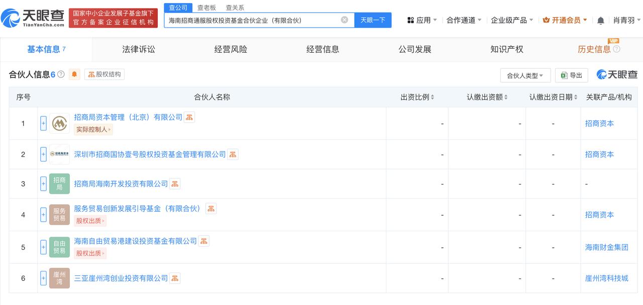 #招商局集团等在海南成立股权投资基金# 出资额10亿
天眼查App显示，近日，海