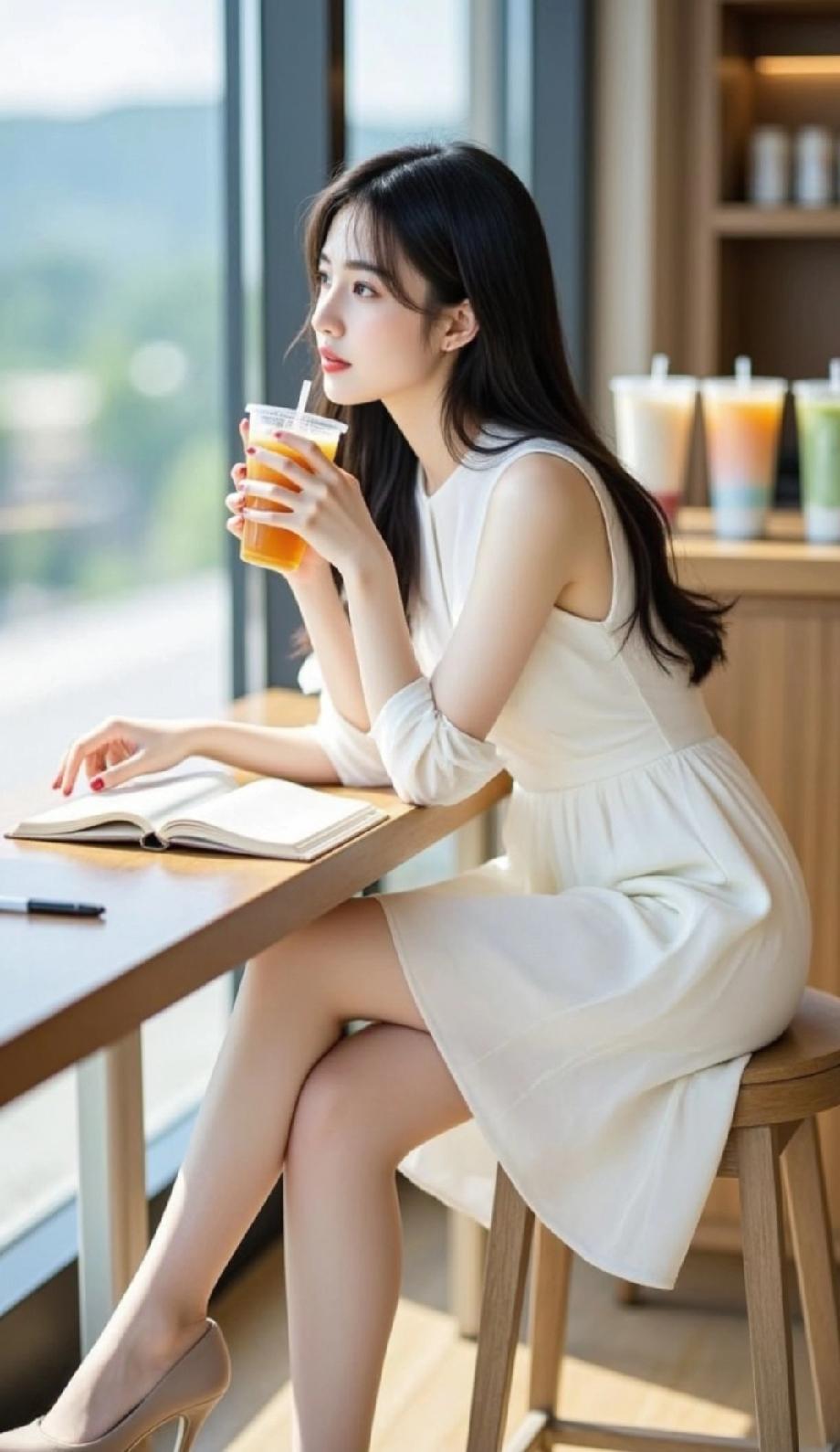 女孩子肤白貌美，我忍不住多看了几眼，赞叹她的五官精致，心想着“沉鱼落雁，闭月羞花