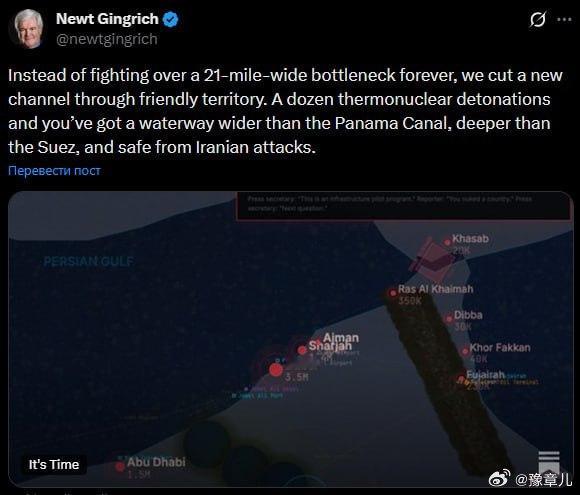 在阿联酋引爆数十枚核弹并开辟绕开的霍尔木兹海峡的运河——一位美国政治家提出了这样