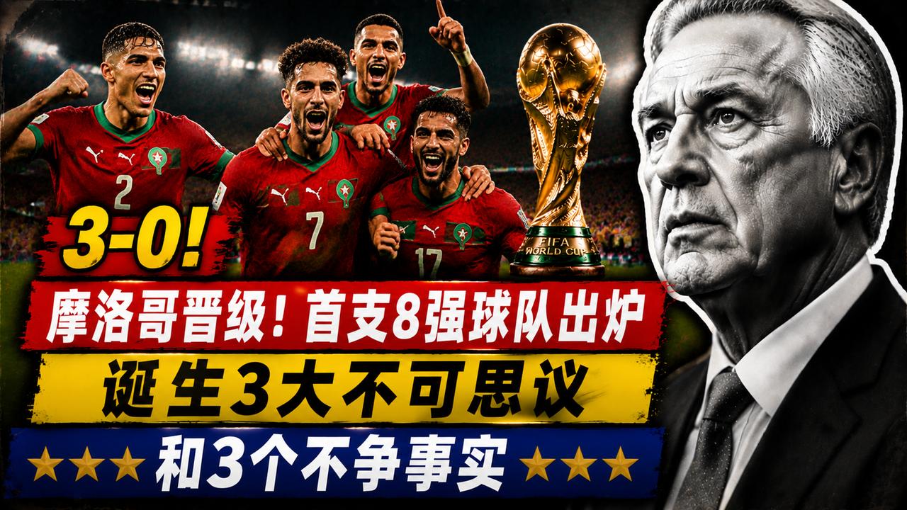 3-0！摩洛哥晋级！首支8强球队出炉 诞生3大不可思议和3个不争事实
本届世界杯