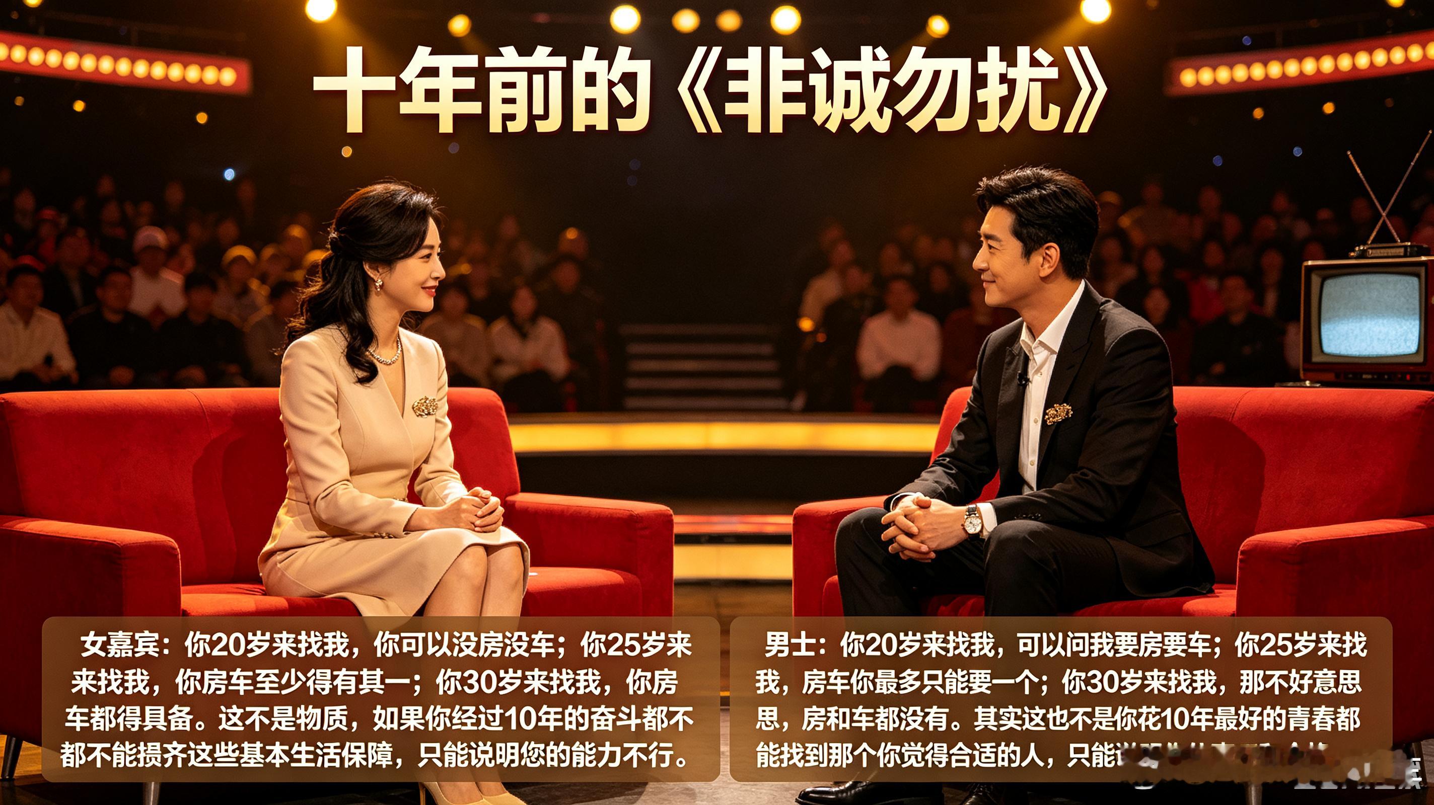 十年前的《非诚勿扰》有一位女嘉宾说过这样一句话：她说你20岁来找我，你可以没房没