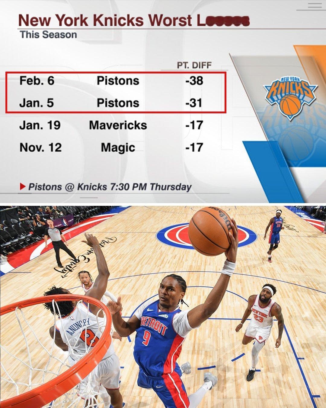 尼克斯本赛季前两次碰活塞都是30+的惨败今天他们又输给了没有杜伦＆斯图尔特的活塞