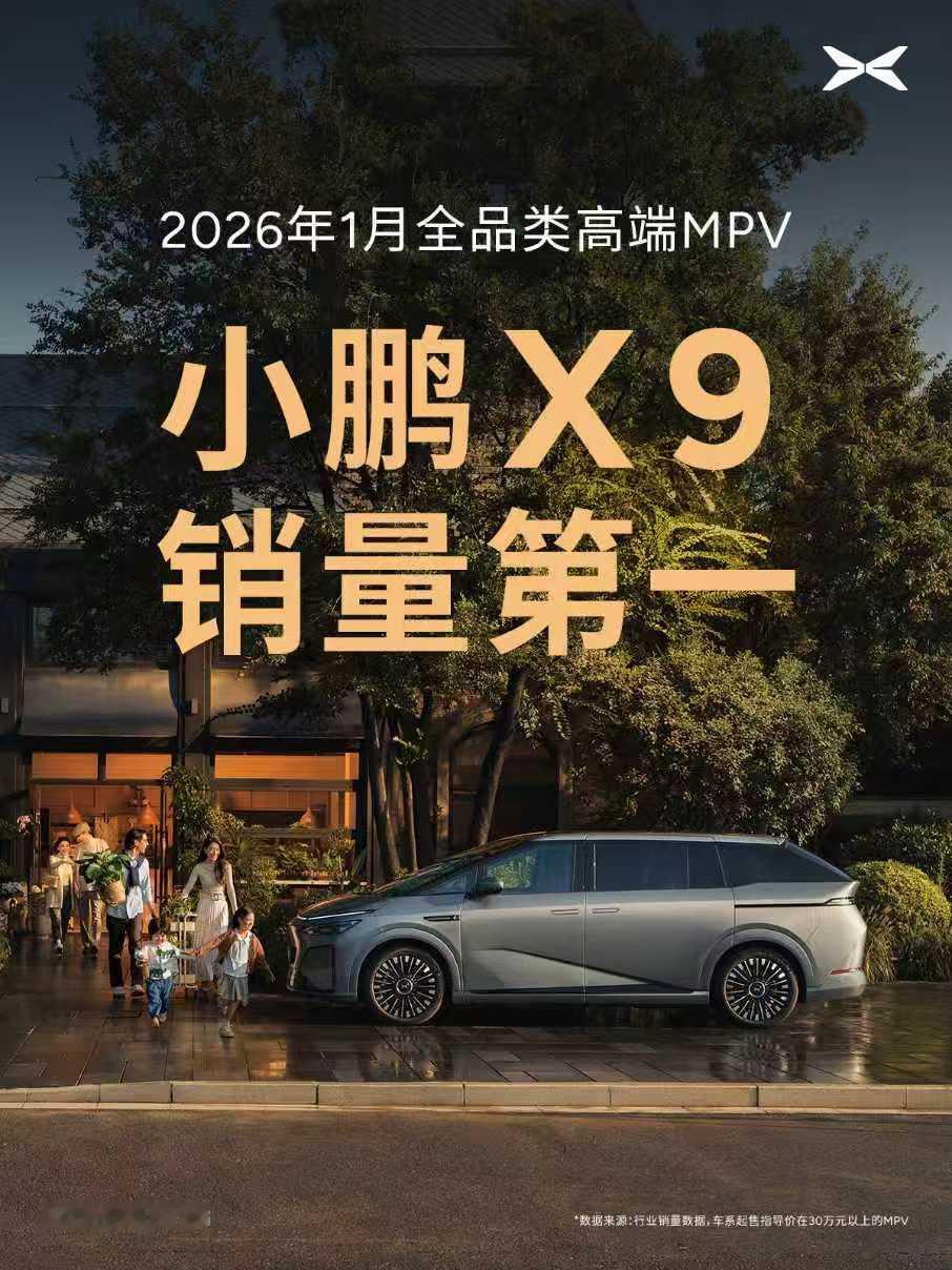 根据汽车之家最新1月销量数据显示，小鹏X9以3971辆的销量成绩，强势问鼎30万