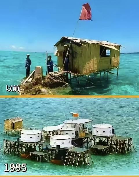 南海的一组图，展现我国从最初岛礁上的茅草屋到后来的固定住所，又从二层小楼到今天的