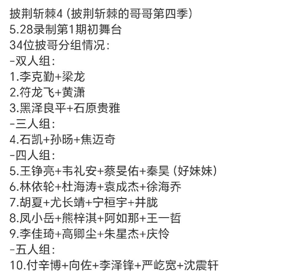 披荆斩棘的哥哥第四季的第一期分组情况
双人组李克勤+梁龙，还有什么是芒果台不敢强