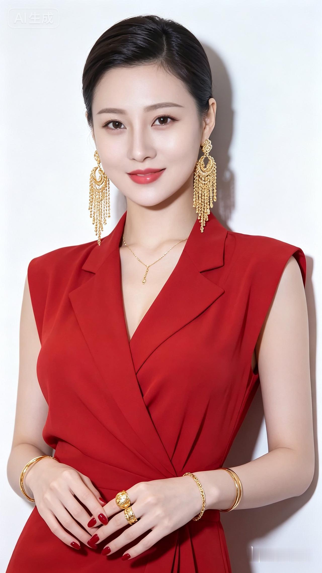 穿红色连衣裙的女士在微笑。