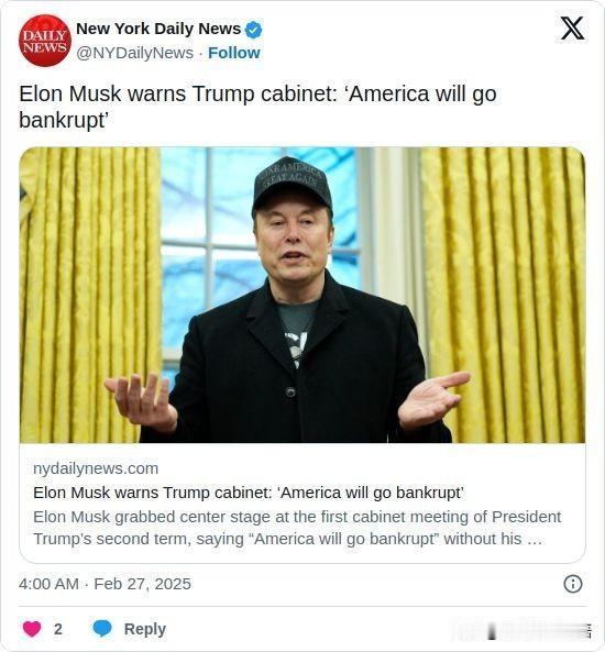 双语简讯：Elon Musk warns Trump cabinet: ‘Ame