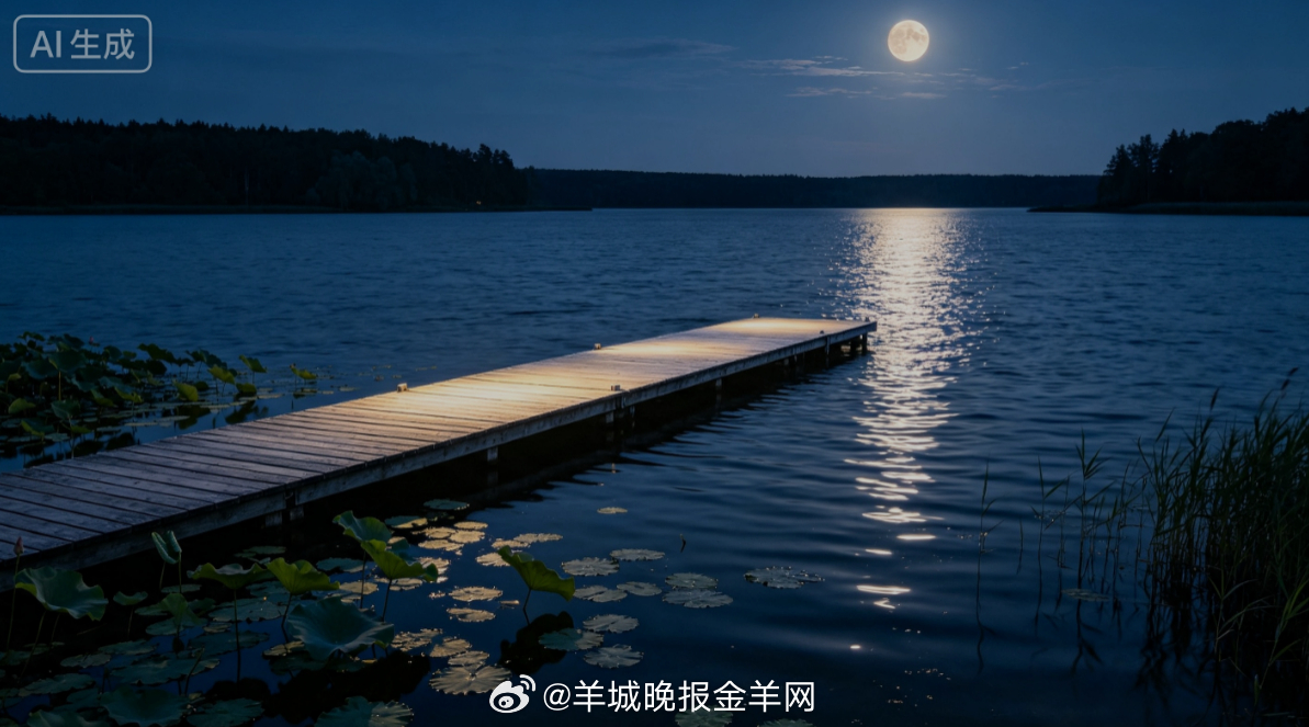 #晚安# 温润月光铺满狭长水上浮桥，湖水漾开层层银纹，晚风带走白日暑热，偶有荷叶