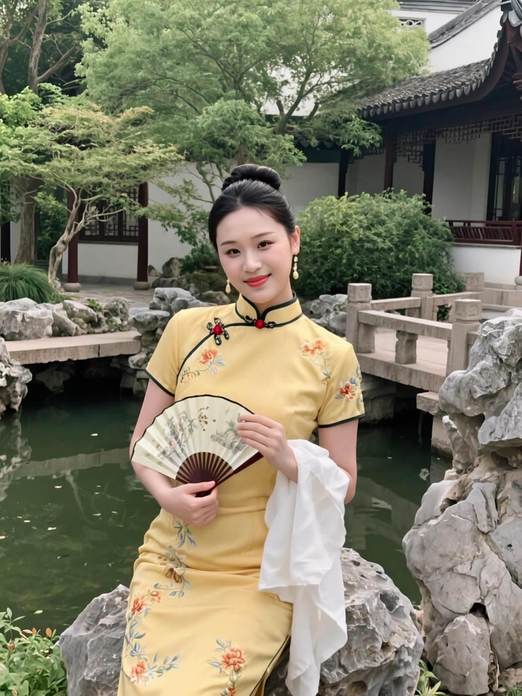 在这片古色古香的园林中，一袭黄色旗袍与周围的绿意相映成趣，仿佛时光倒流，带你走进