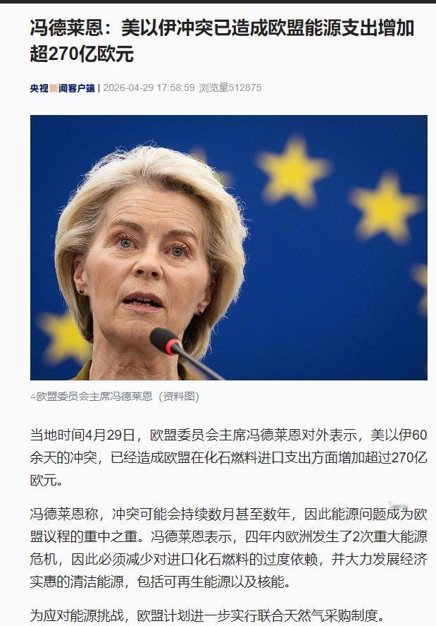 当地时间4月29日，欧盟委员会主席冯德莱恩公开发表重要表态，直言地缘冲突给欧洲带
