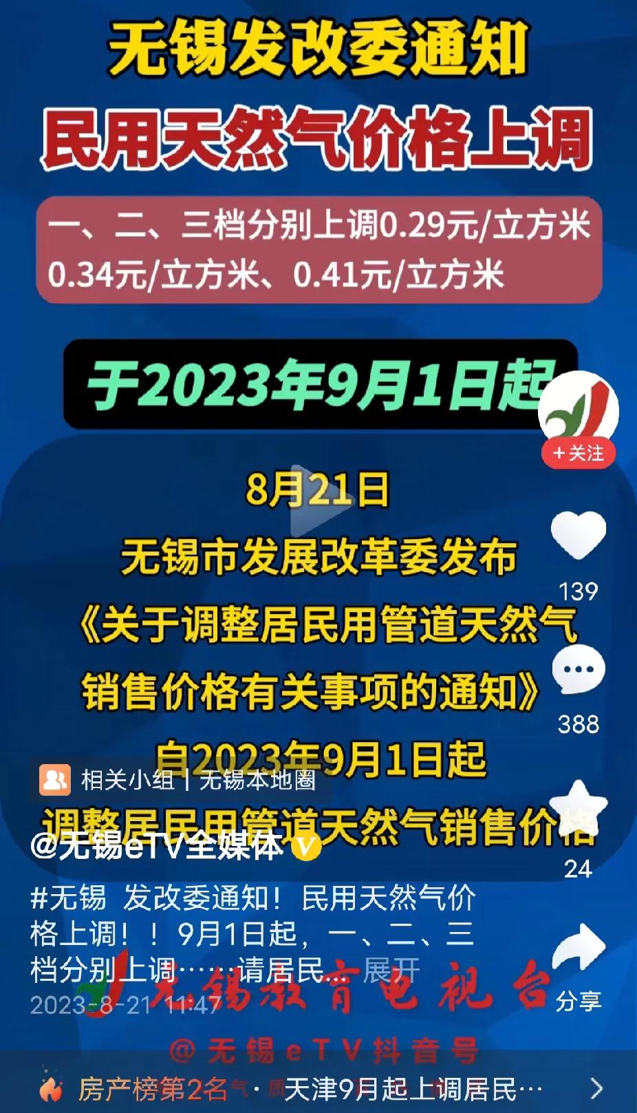 无锡天然气涨价，天津天然气涨价…
