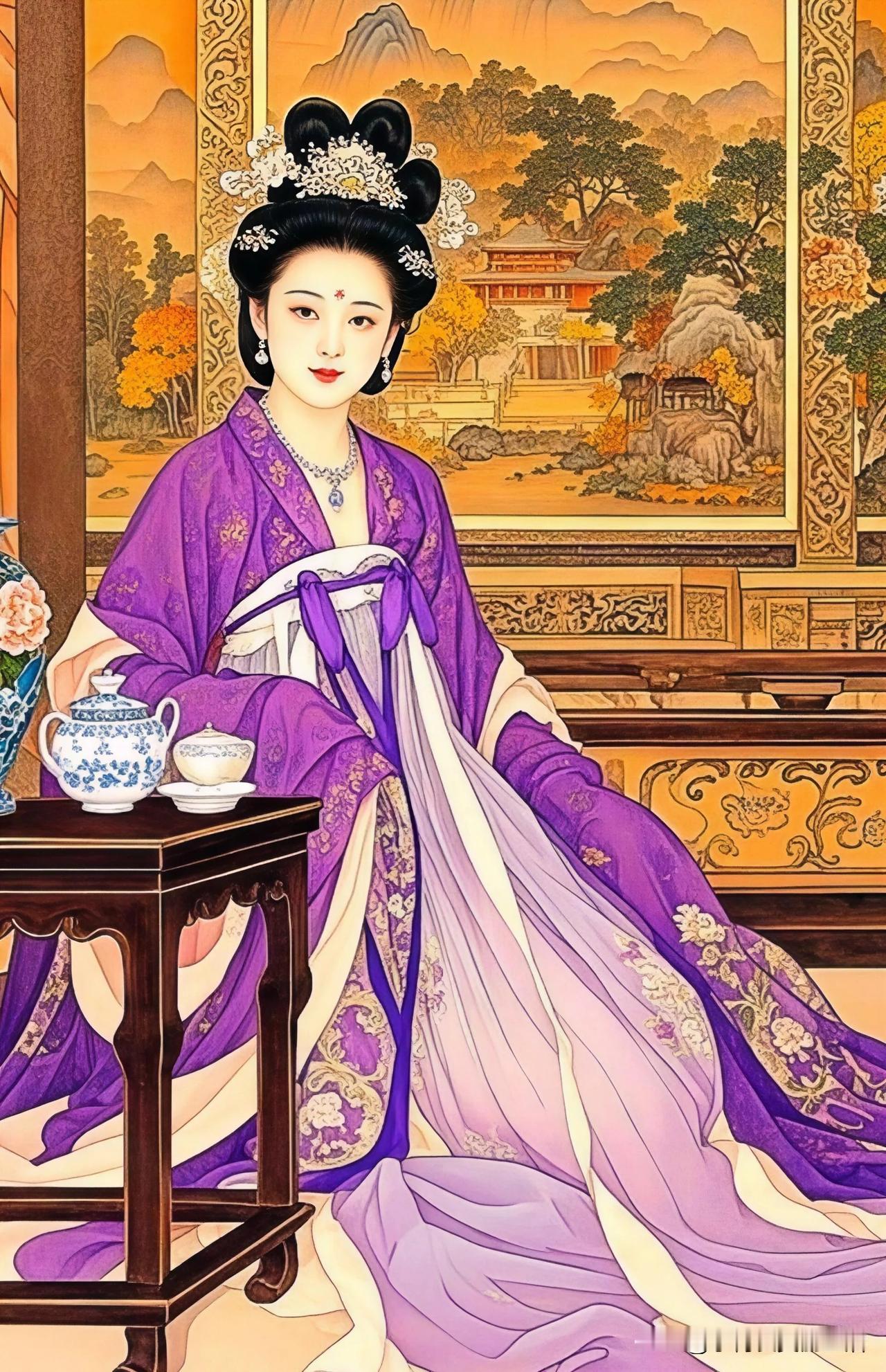 紫衣美人倚栏坐，
茶香满溢画中来。