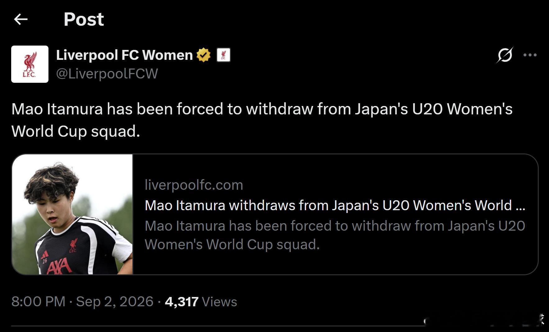 u20日本女子代表 利物浦女足官方称，板村真央接受了腹部小手术，因此将无法参加本