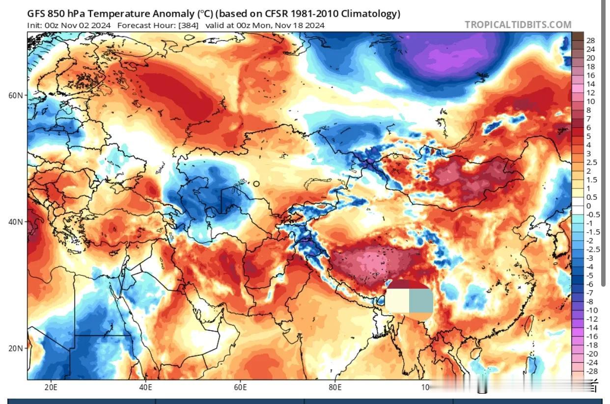 11月初-11月中旬，我国大部分地区偏暖5℃以上，北方地区8-10℃。GFS的长