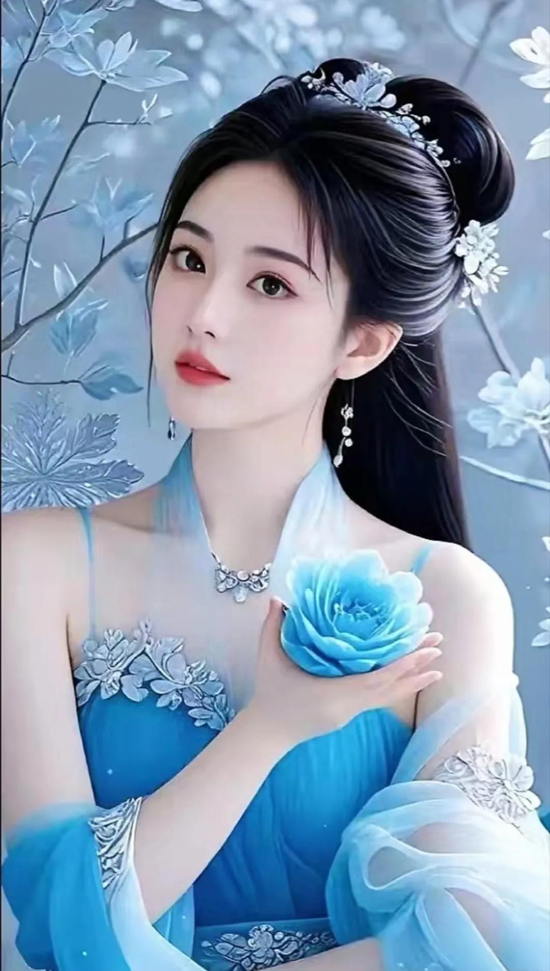 梦幻蓝衣仙女，手持蓝玫瑰，仙气飘飘。唯美流光美人 灵动女神美若仙