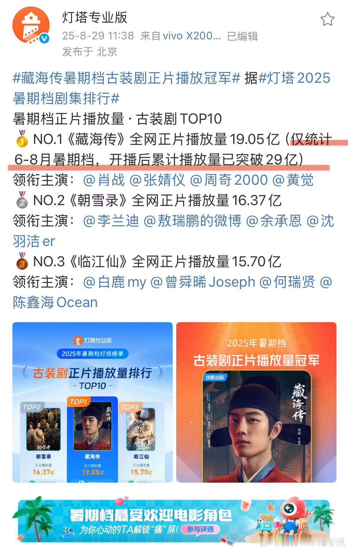 首先藏海传5月播出6月已经超点完毕不是暑期剧，其次藏海传才是热度第一，播放量第一