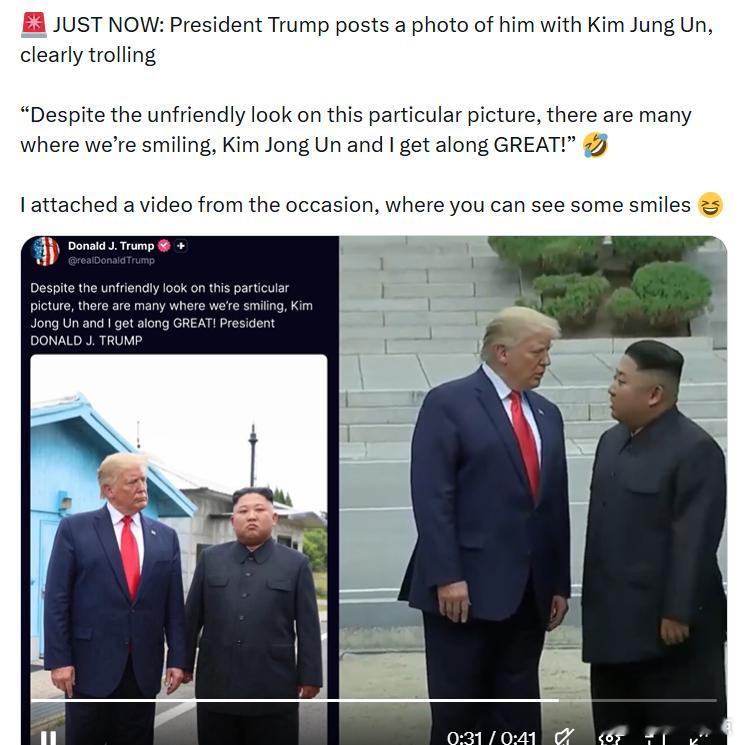 特朗普总统发布了一张他与金正恩的合照：“尽管这张照片里的表情看起来不太友好，但我