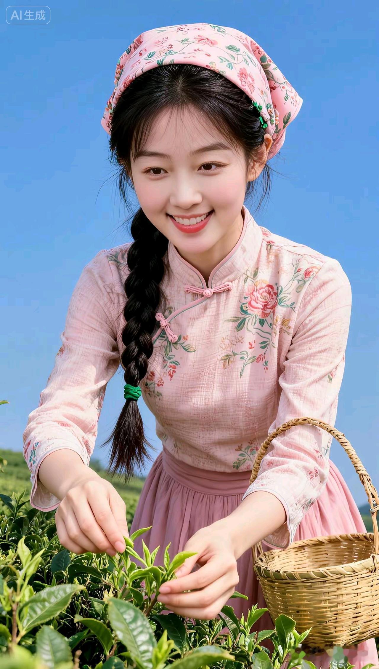 茶园采春
碧空如洗映茶峦，
辫挽青丝绽笑妍。
素袂轻摘新绿叶，
竹篮静候嫩尖填。