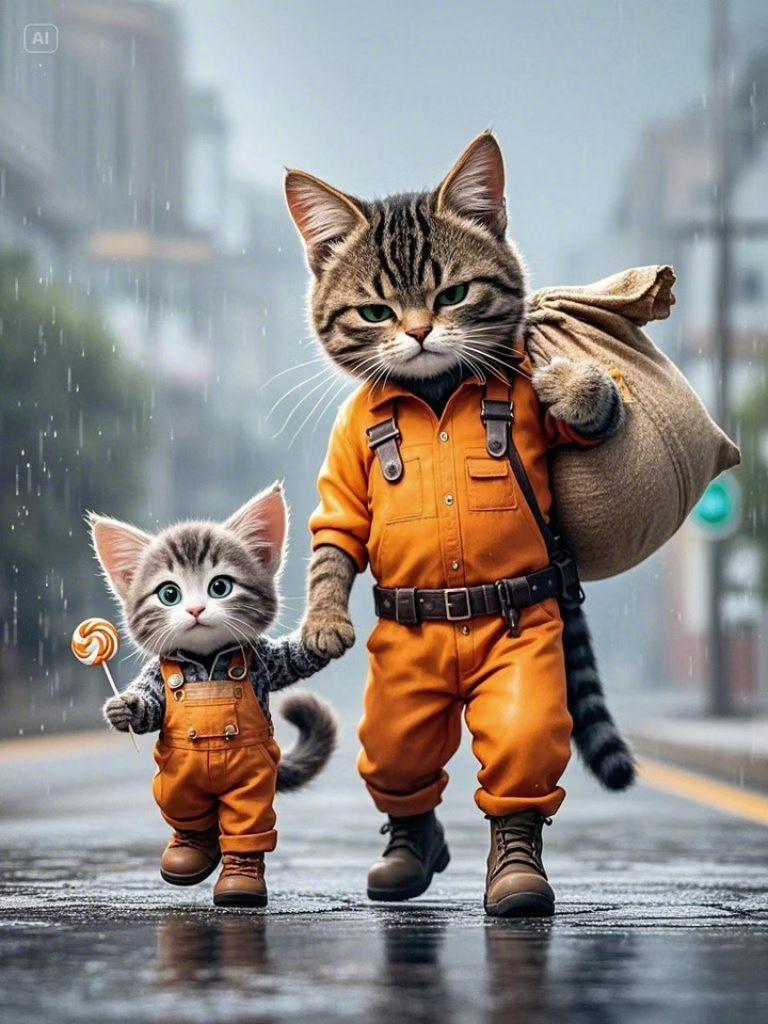 一、简介描述：打工的猫爸爸和他的猫孩子
二、细节描述：
1.主体特征：猫爸爸右侧