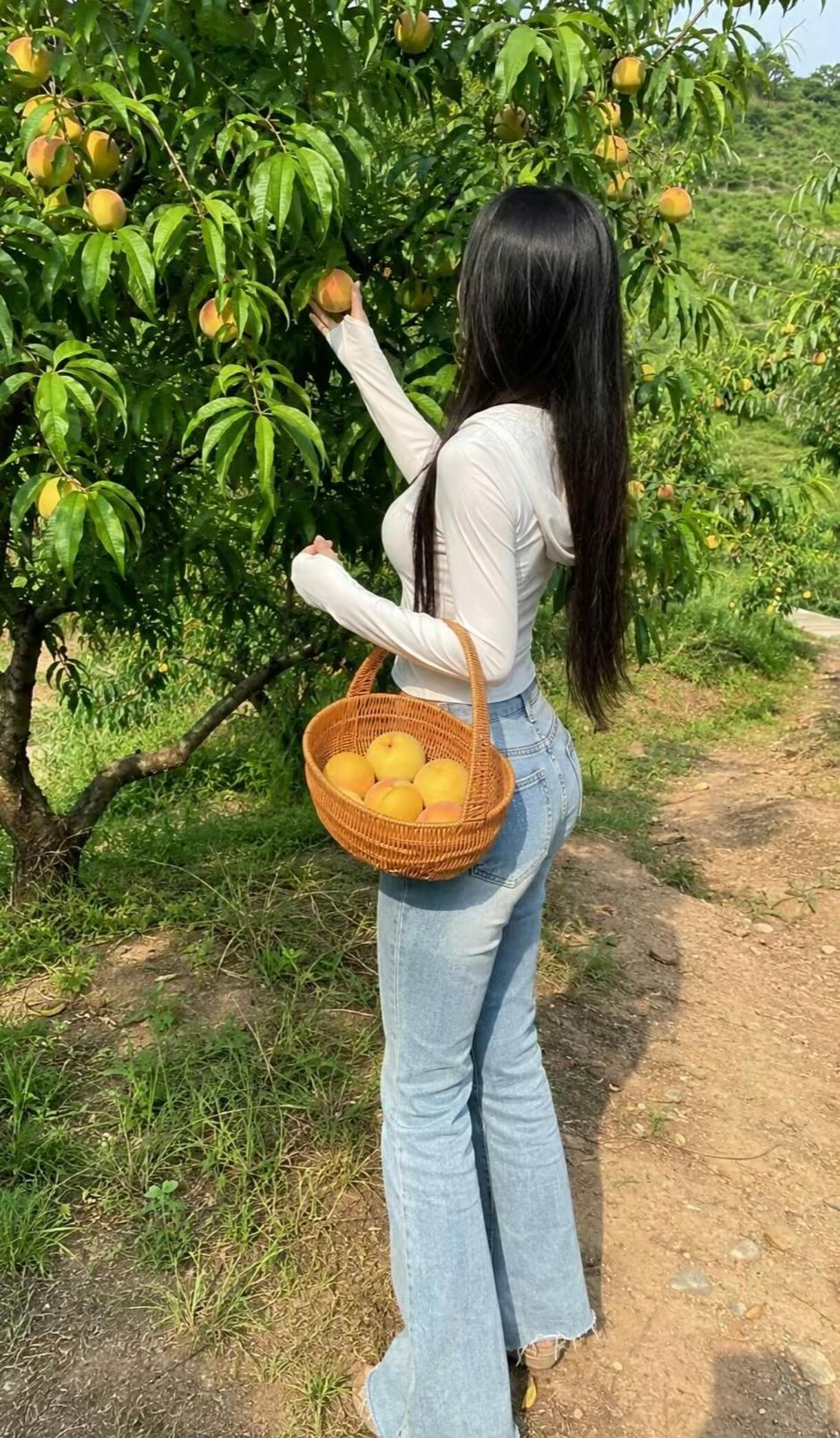 摘桃少女，田园风光，收获满满！🍑🌿💐