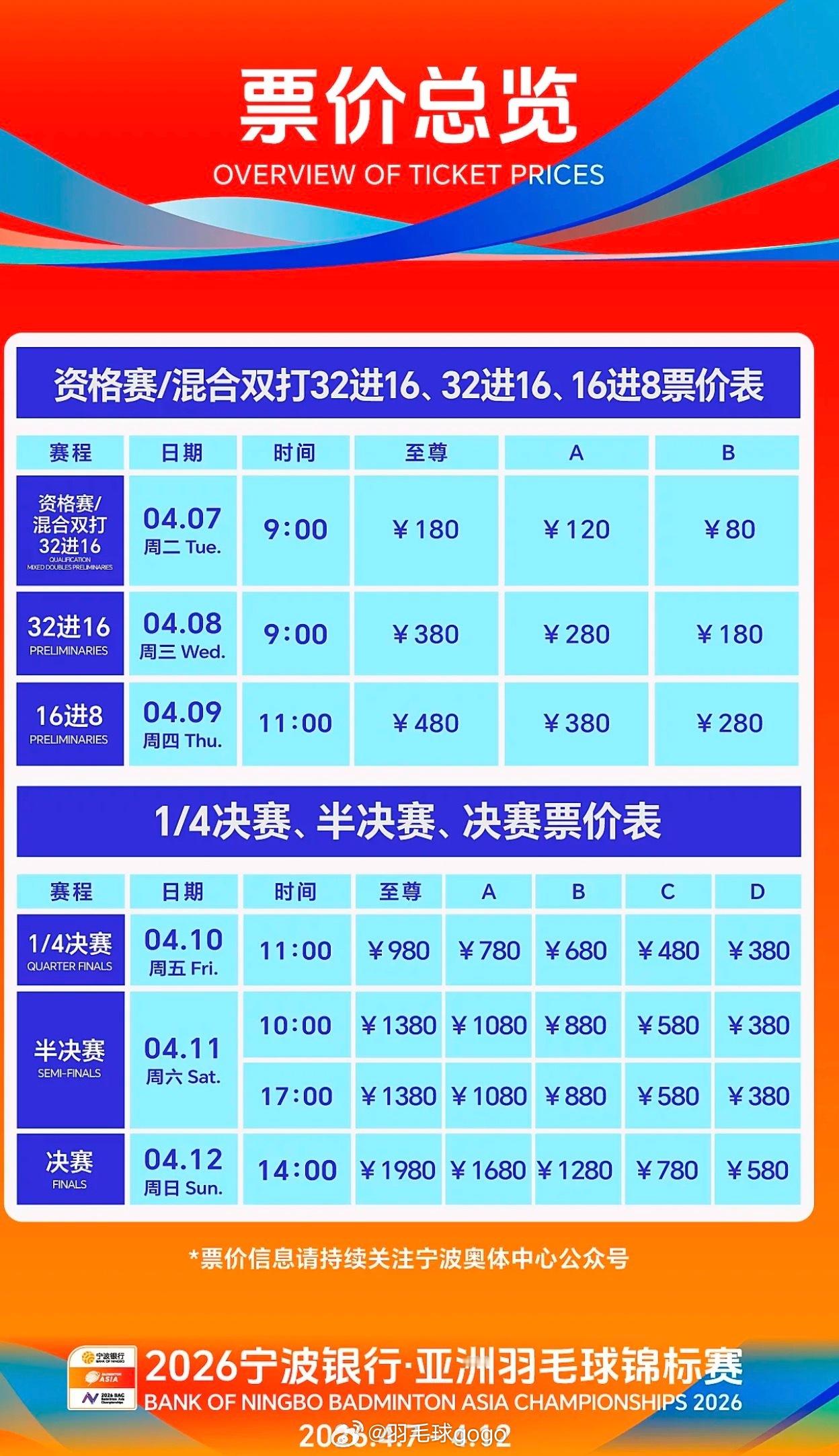 2026宁波亚锦赛票价 