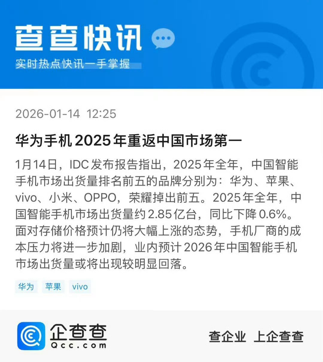 华为手机2025年重返国内第一！2025年中国智能手机市场出货量排名出炉：华为、