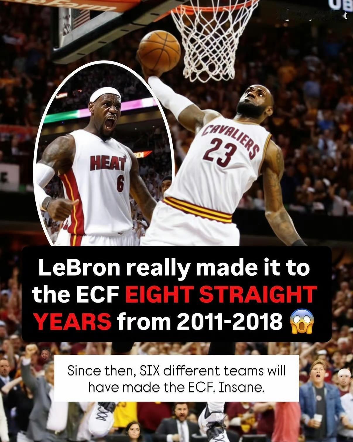 詹姆斯在2011至2018年间，连续八年杀入东部决赛，这一成就太惊人了！

而在