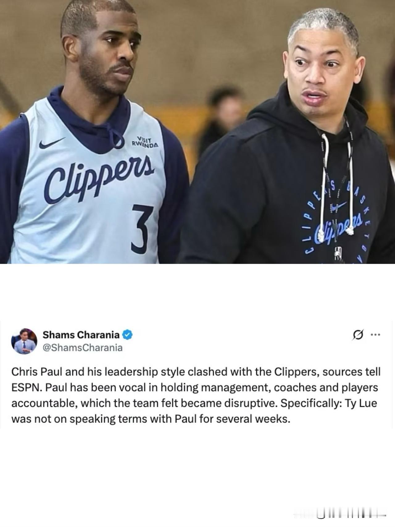 美名记Shams曝料，保罗被快船遣送出球队是倚老卖老、定位不清自取其辱？
据悉，