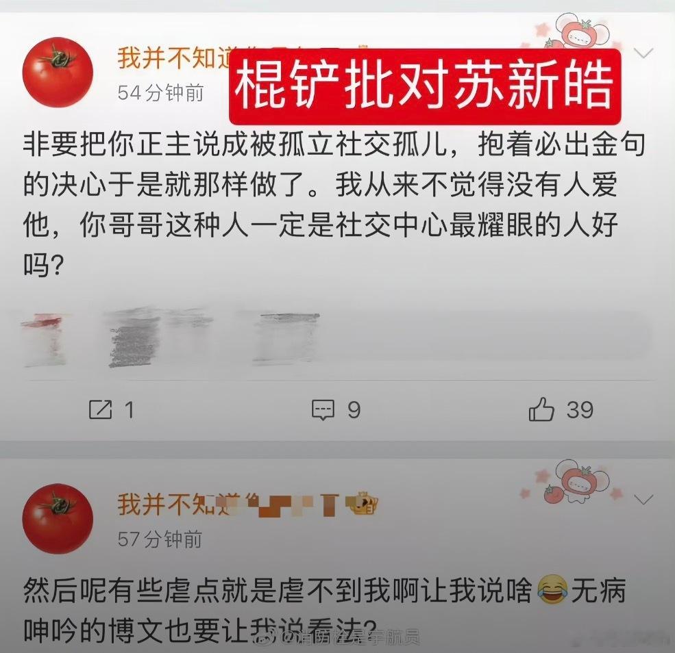 棍铲批真该丝啊，一边无视苏新皓的痛苦 不许铲丝心疼，一边又因为老猪一点无病呻吟的