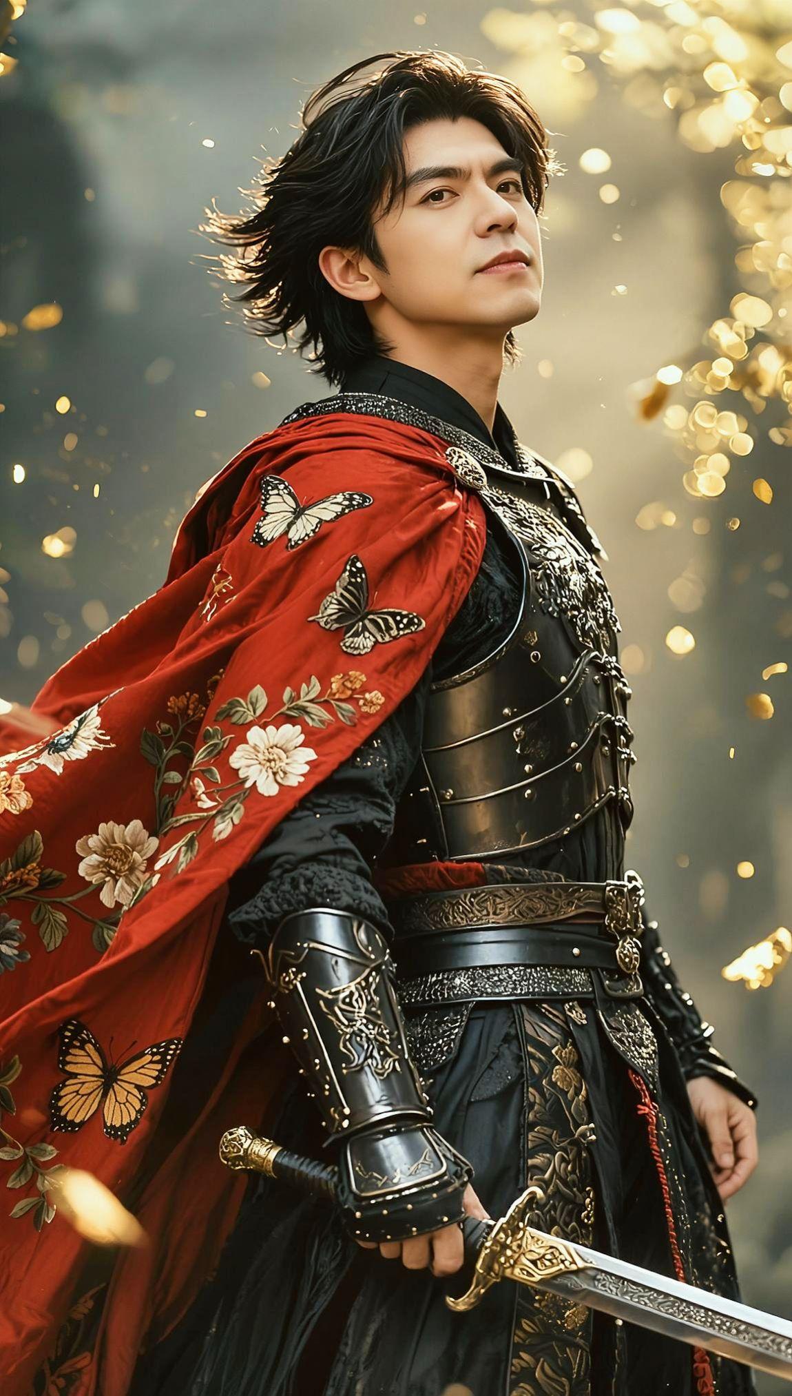 ⚔️ 红袍翻飞如烈火，蝶纹绣着未说的诗。金箔落满身，剑已出鞘，等一场宿命的风💥
