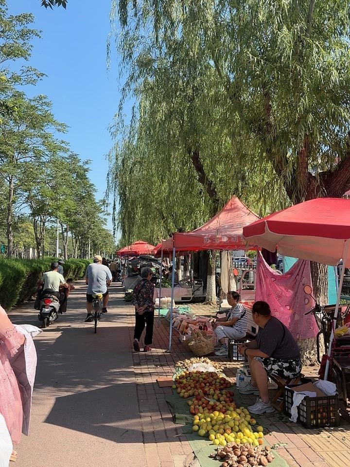 逛早市，买东西。
天很热，汗水滴。
讲讲价，不着急。
都不买，啥问题？