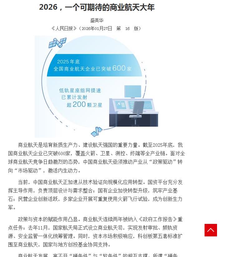 商业航天迎积极信号，股市今天应该有好的表现，昨天《人民日报》刊登“2026，一个