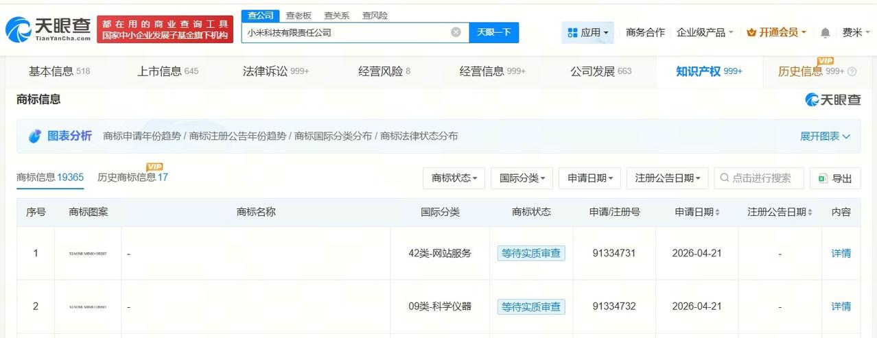 小米申请注册MiMo Claw商标
小米申请注册MiMo Orbit商标
天眼查