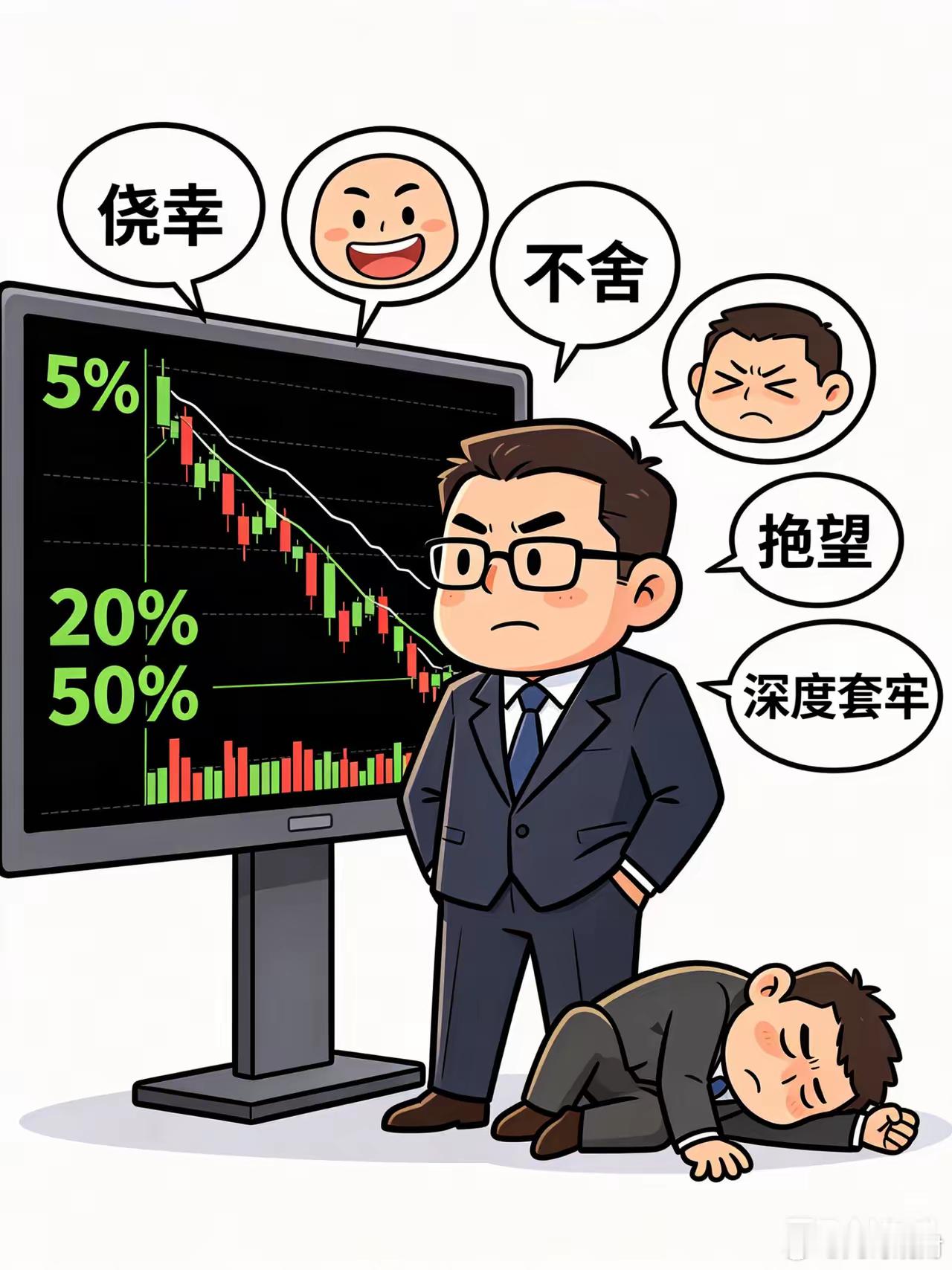 炒股人的经典操作：亏5%——不走，才500块嘛。亏20%——更不走，都亏这么多了