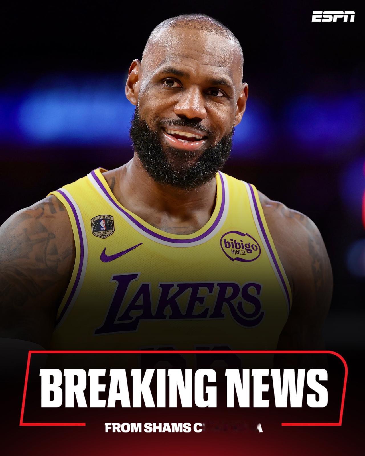够劲爆！权威专家shams报道，勒布朗·詹姆斯将延续他的NBA职业生涯至2026