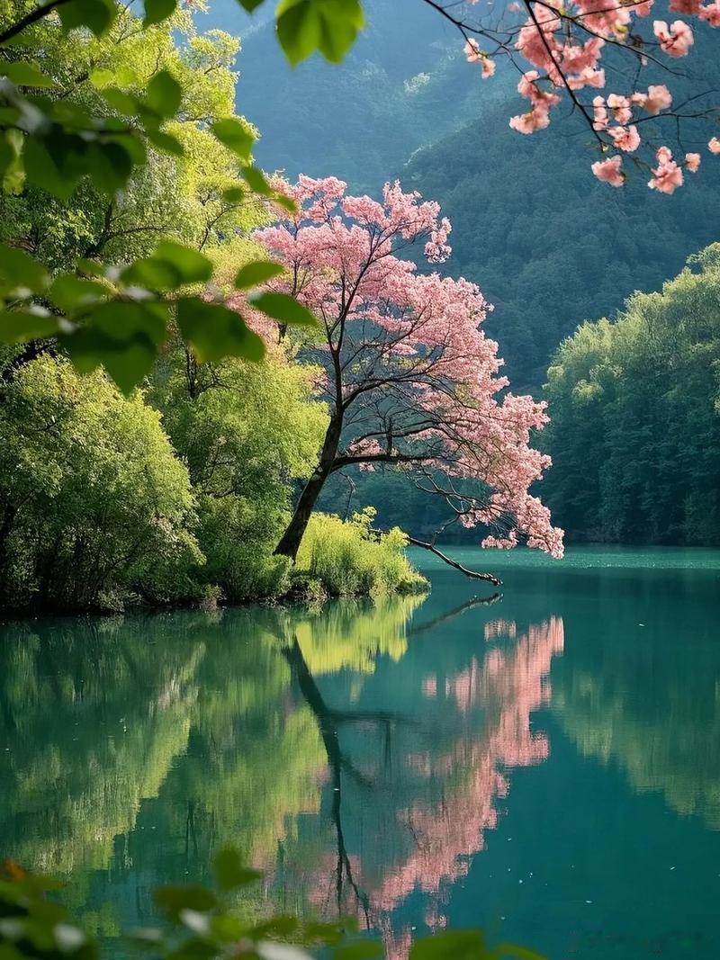 壁纸 青山藏碧水，繁花映清波，目之所及，皆是治愈山河 