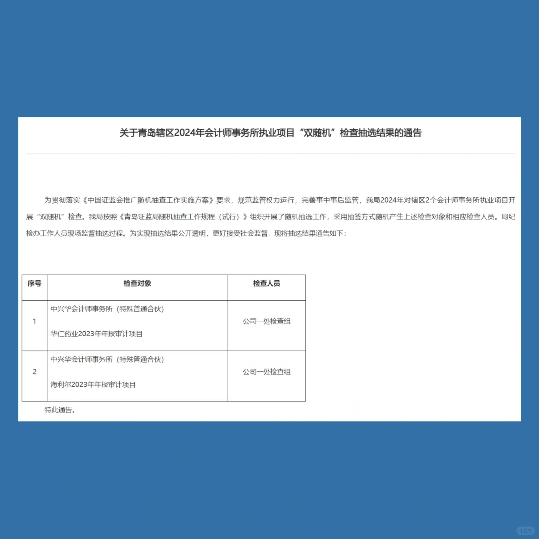 某会计所2个A股年度审计项目被抽中检查