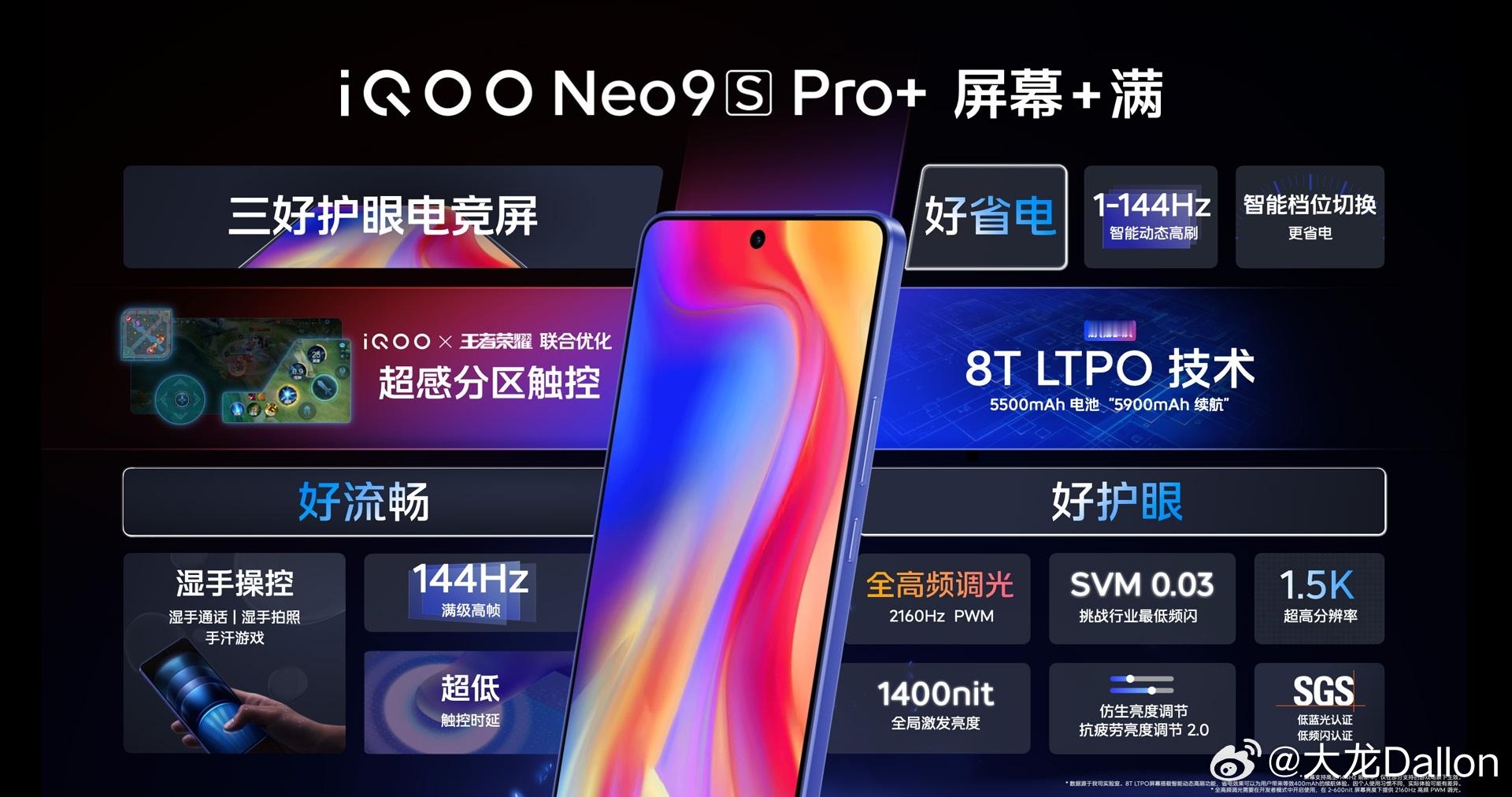 iQOO Neo9S Pro+屏幕拥有1400nit全局激发亮度，支持湿手触控，
