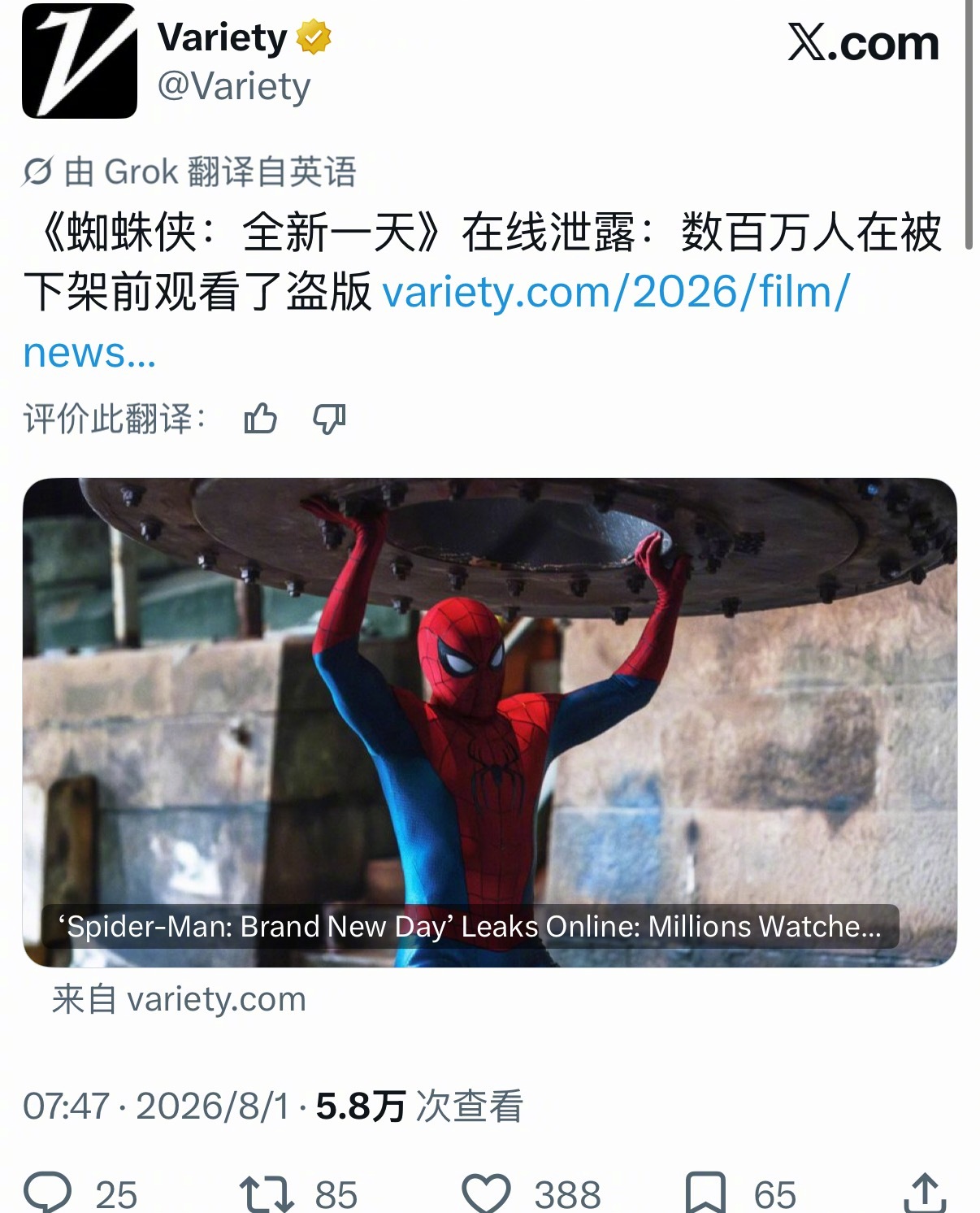 OMG！《蜘蛛侠:崭新之日》在线泄露：数百万人下映前观看了盗版…… 