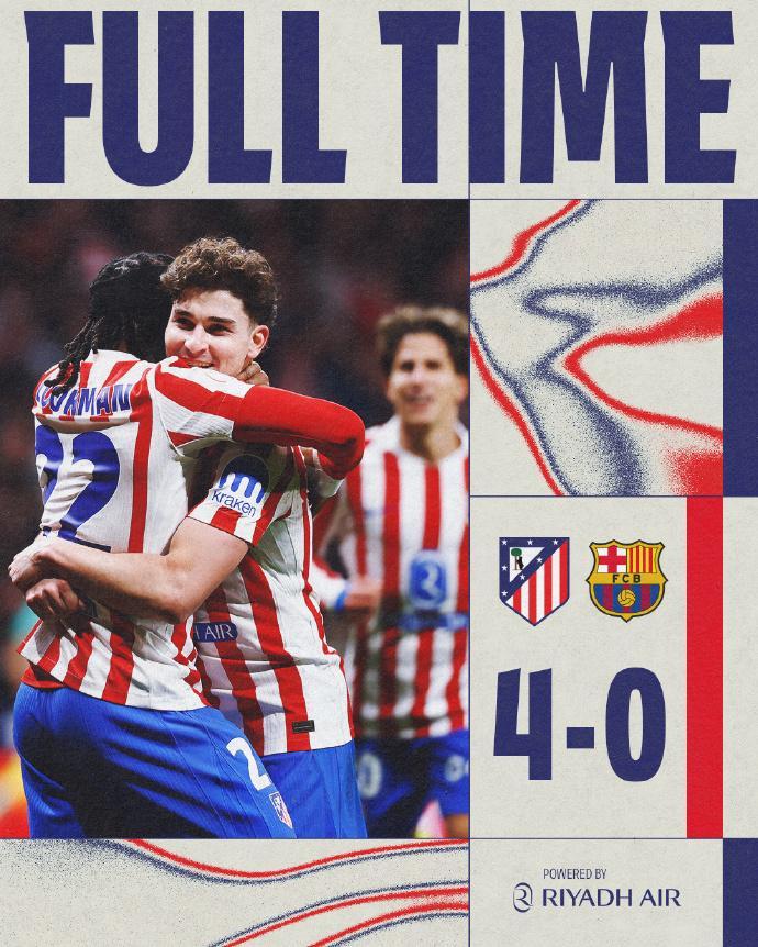 马竞4比0巴萨⚽ 马竞 4-0 巴萨（国王杯半决赛首回合）时间：2026-02-