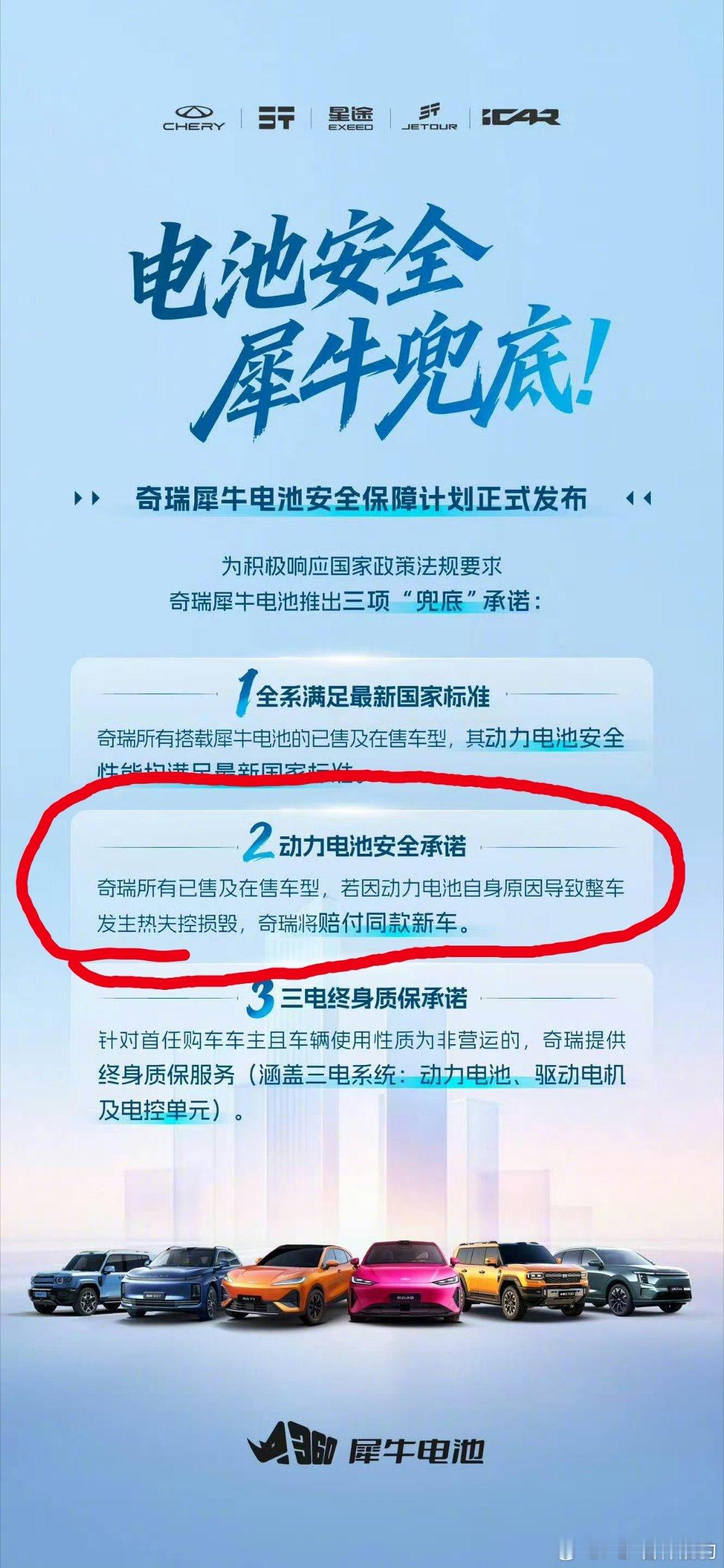 奇瑞宣布犀牛电池安全兜底计划奇瑞所有已售及在售车型，【若因动力电池自身原因】导致