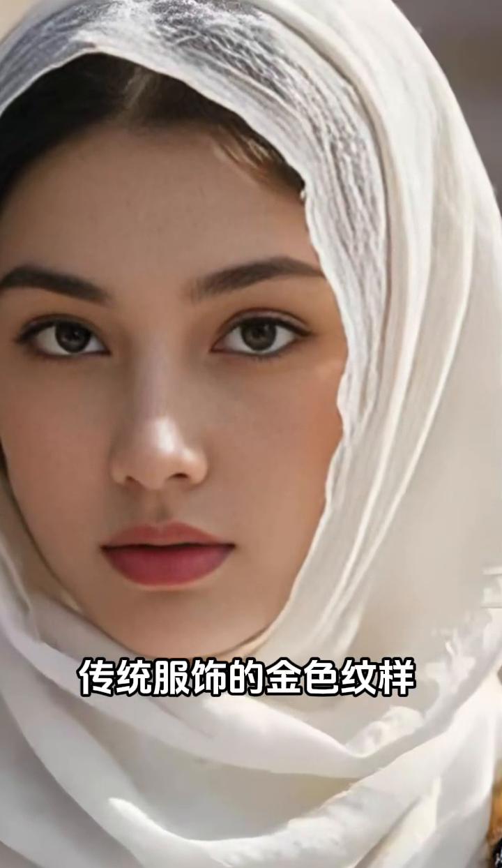白巾轻拢，薄纱下绣纹隐约可辨，映得她的眼眸格外明亮。传统服饰的金色纹样与头巾的飘