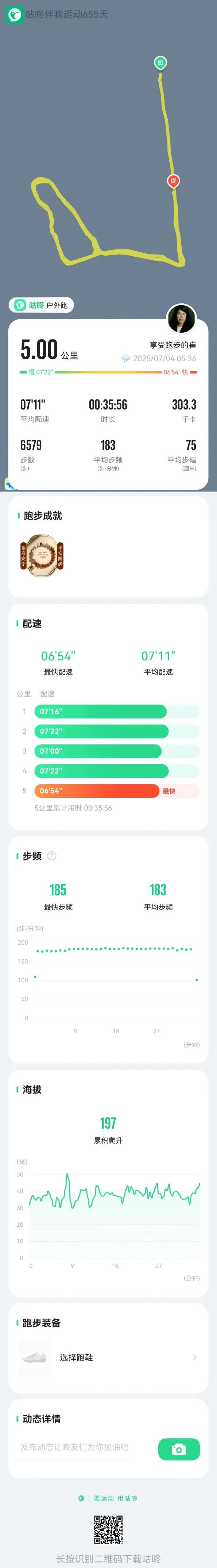 今天，你跑步了吗？
闷热的清晨，跑了5公里，就这慢吞吞的速度，却也跑得大汗淋漓。