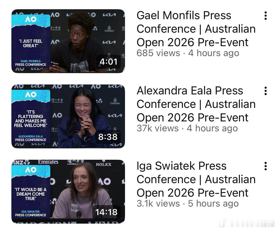 伊埃拉好火，外网关于她澳网发布会的视频播放量比费德勒、斯瓦泰克都要高她和王欣瑜的