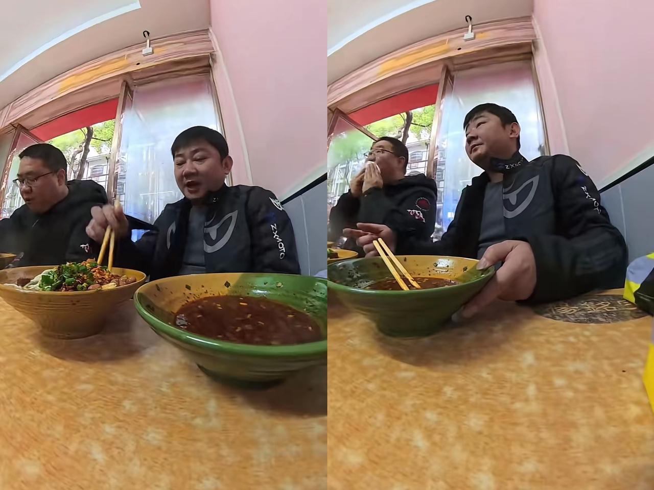 成名之后还能这么接地气，真的太圈粉了！
张雪和当年采访他的记者易军重逢吃面，一碗