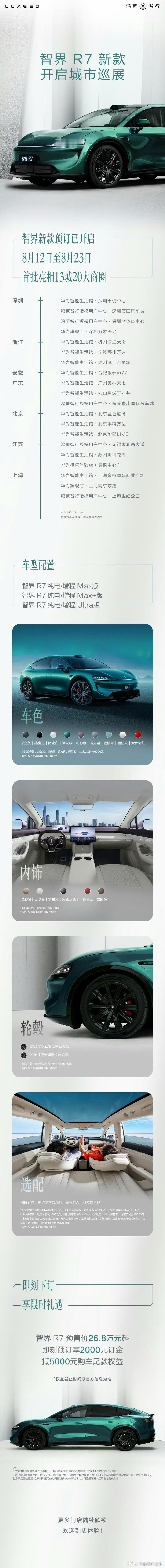 8月12日-23日，智界R7新款亮相13座城市、20个核心商圈，线下实车直接摆到