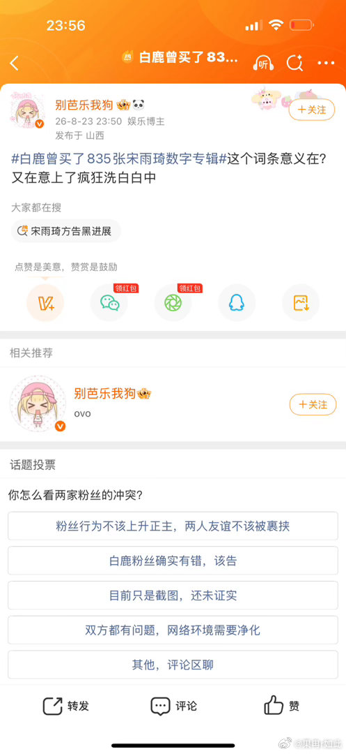 白鹿曾买了835张宋雨琦数字专辑你粉丝骂你洗白呢