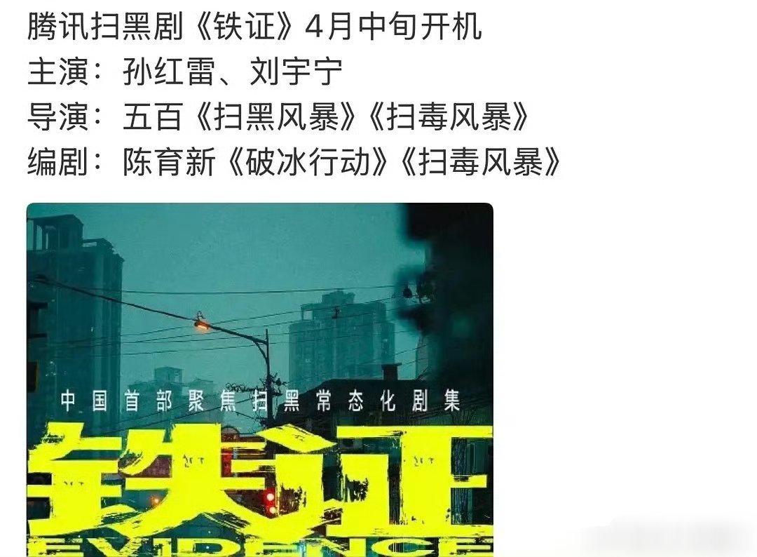 铁证 孙红雷刘宇宁影视资讯:新丽扫黑题材剧集《铁证》，拟定孙红雷＋刘宇宁  ，一