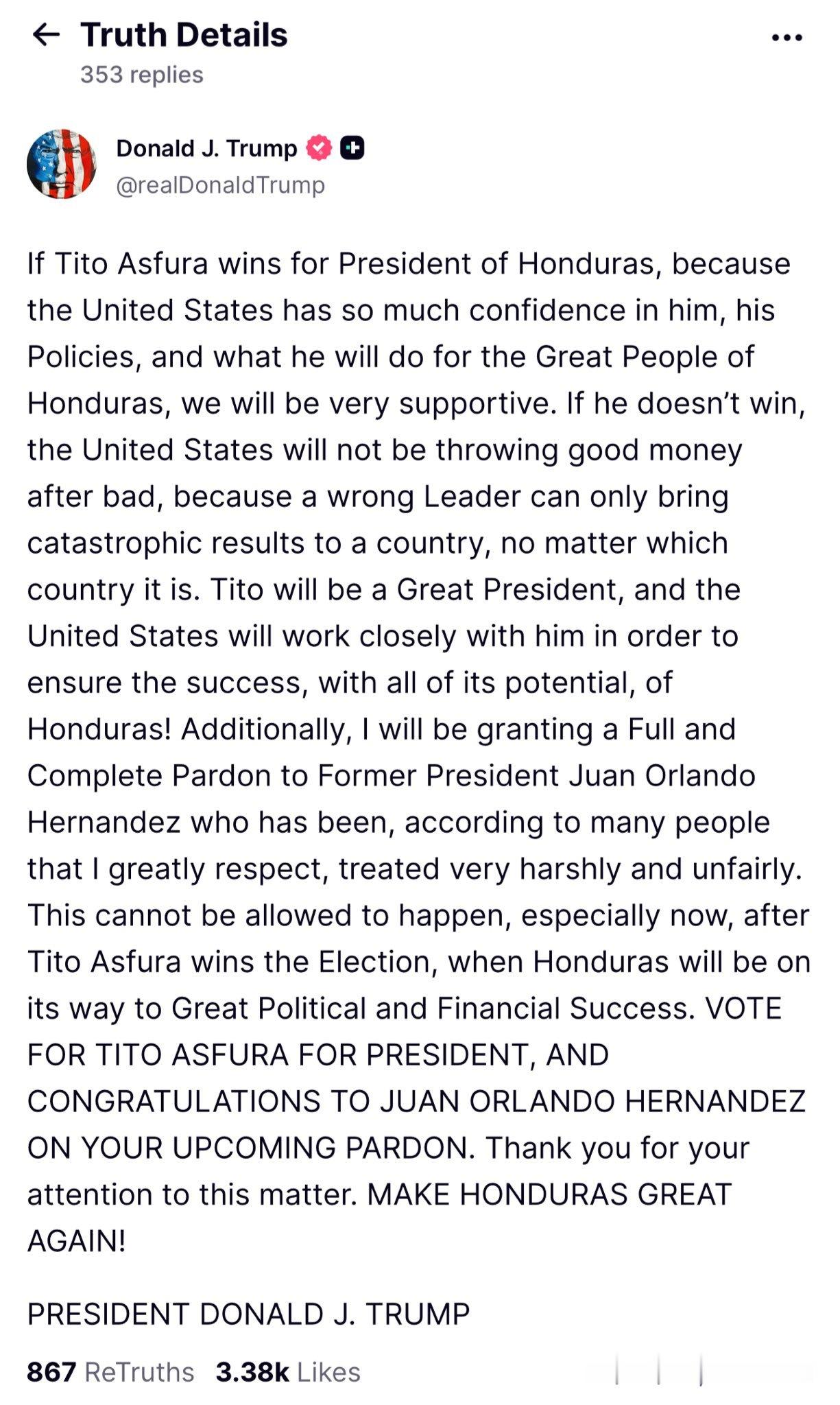 🔻在扬言对委内瑞拉采取军事打击以"震慑毒贩"的隔天，特朗普宣布赦免洪都拉斯毒枭